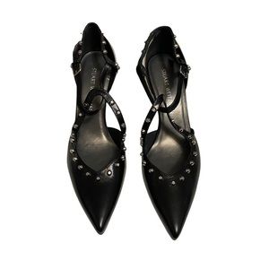 STUART WEITZMAN | Black Leather Silver Studded “x” Strap 3.25 Heels Pumps​​